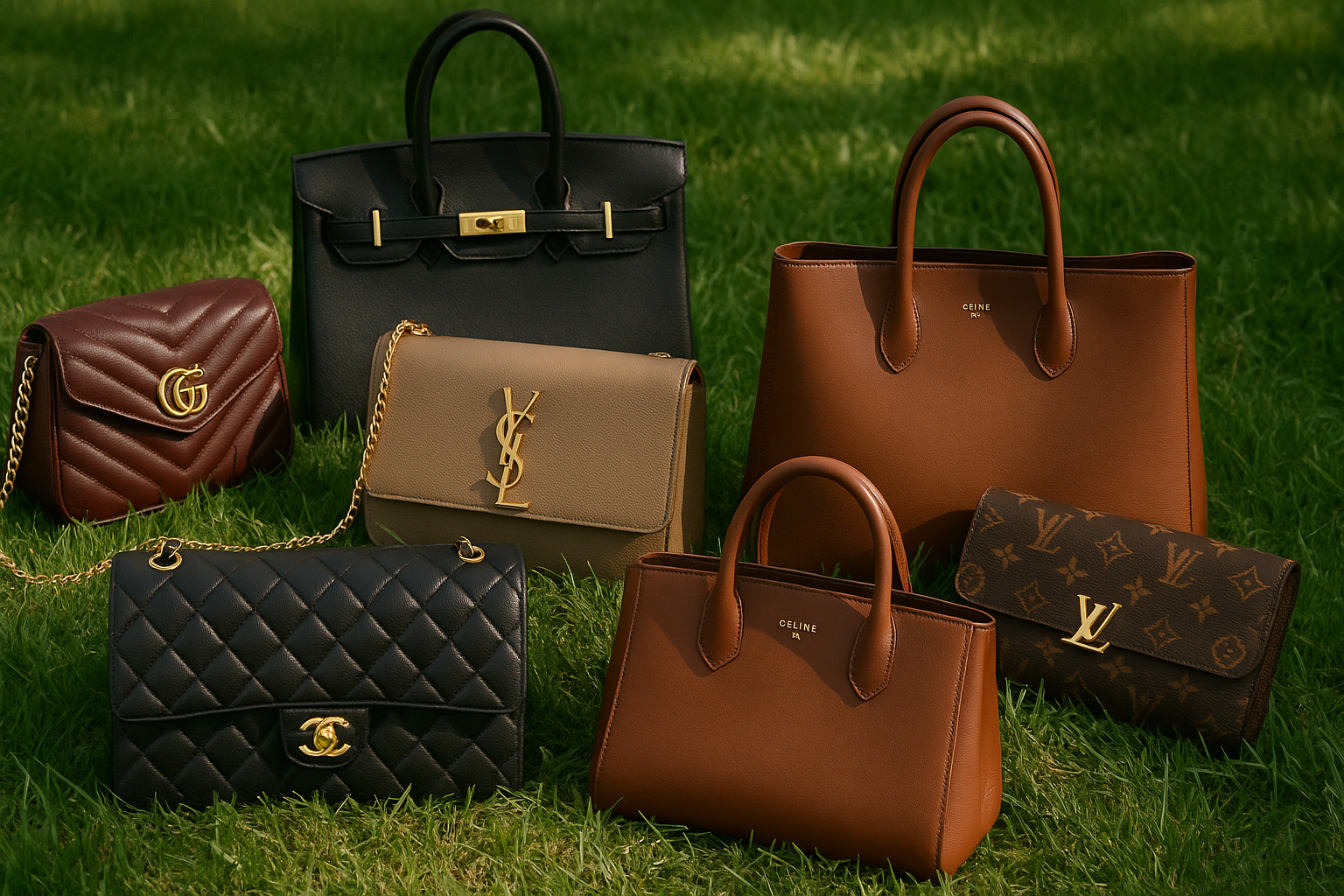 multiple Luxury bags on a grass